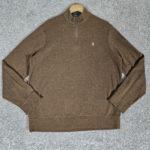 Polo Ralph Lauren Sweatshirt Mens Large Heather Brown 1/4 Zip Preppy Soft - Picture 1 of 11